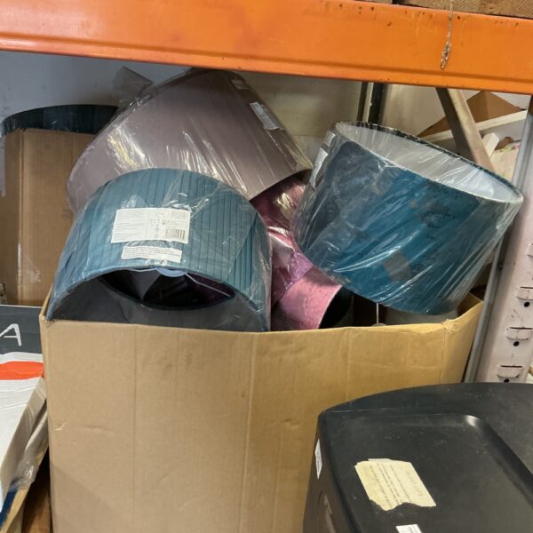 Large lot of assorted fabric lamp shades for home lighting.