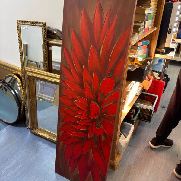 Large floral canvas painting with vibrant colours and bold brushstrokes.