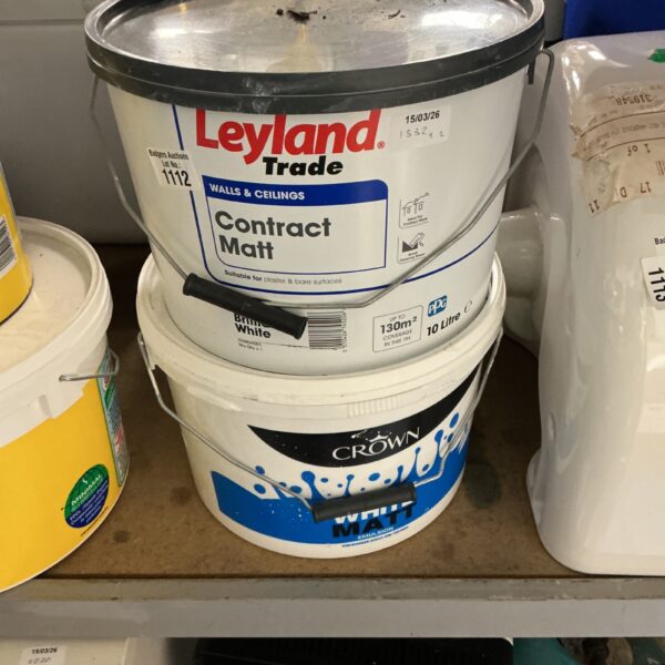 Two tubs of white Leyland Trade emulsion paint for DIY projects.
