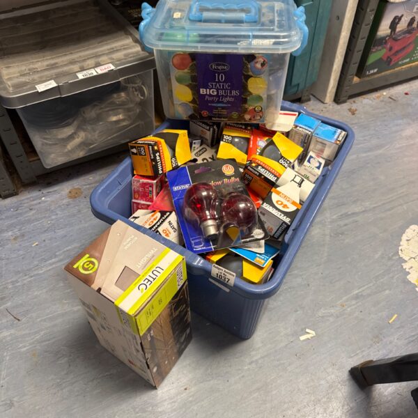 Boxed light bulb assortment with party lights and Lutec kitchen set.