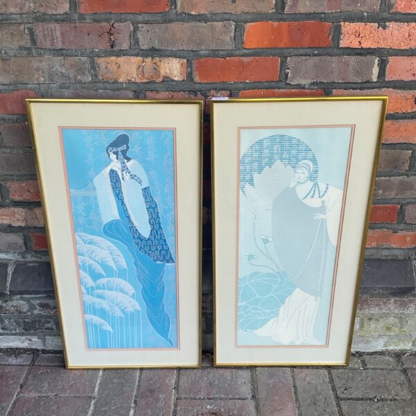 Pair of vintage Lillian Shao lithograph prints with elegant figures.