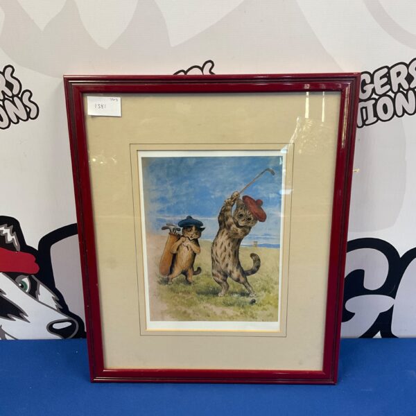 Vintage Louis Wain print of cats playing golf, humorous animal art.