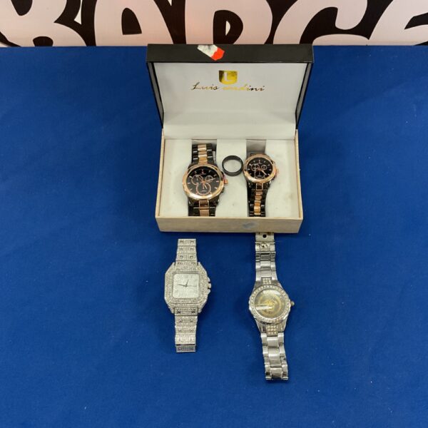 Luis Cardini fashion watch collection on a blue background.