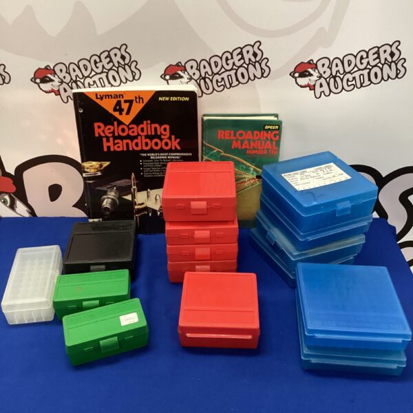 Lyman 47 reloading manual and NTM ammo boxes lot for sale.