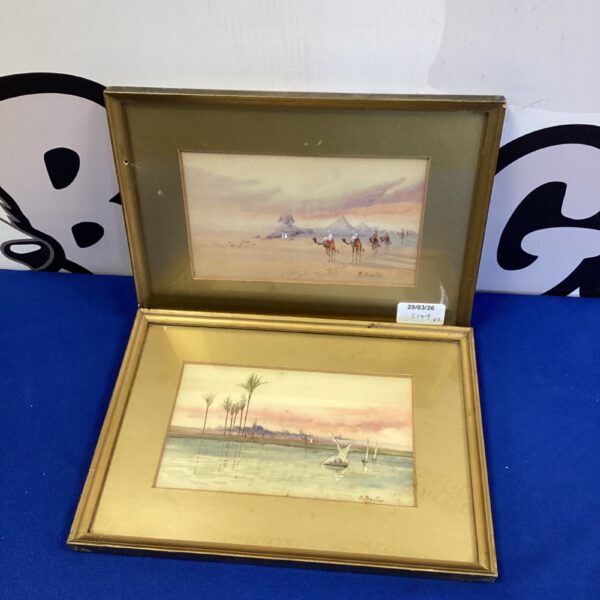 Vintage M Preston Egyptian watercolour paintings of desert scenes.