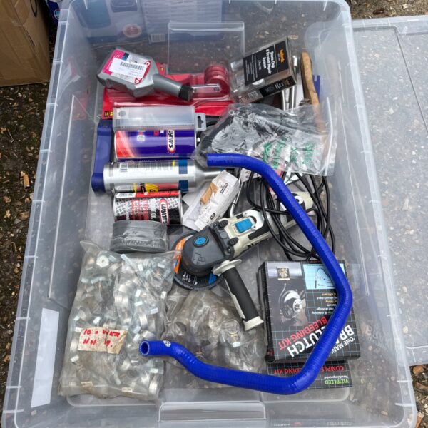Mac Allister angle grinder and automotive tool lot in a storage tray.