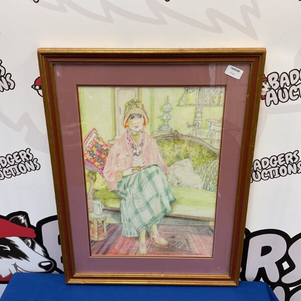 Vintage Marjorie Mostyn sketch of an elegant seated lady in a detailed drawing.