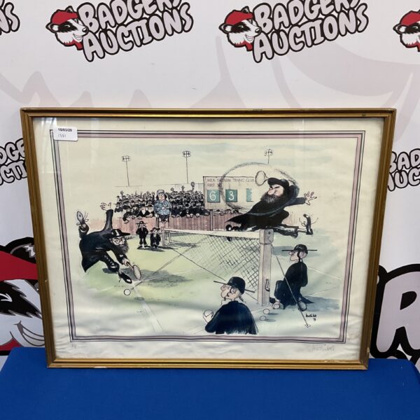 Framed Martin Holt artist proof print of a vintage Rabis tennis match.