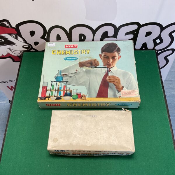 Vintage Merit Chemistry Set with box of chemistry extras for collectors.