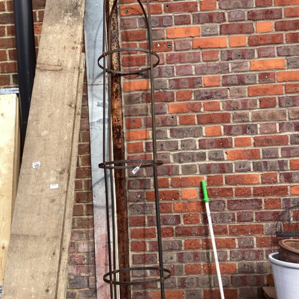 Vintage metal garden trellis with Fleur de Lis finial for plant support.