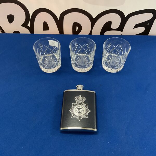 Vintage Metropolitan Police hip flask and whiskey glasses set.
