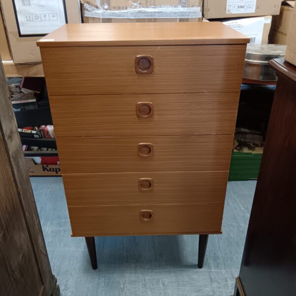 Vintage mid-century modern five-drawer chest of drawers.
