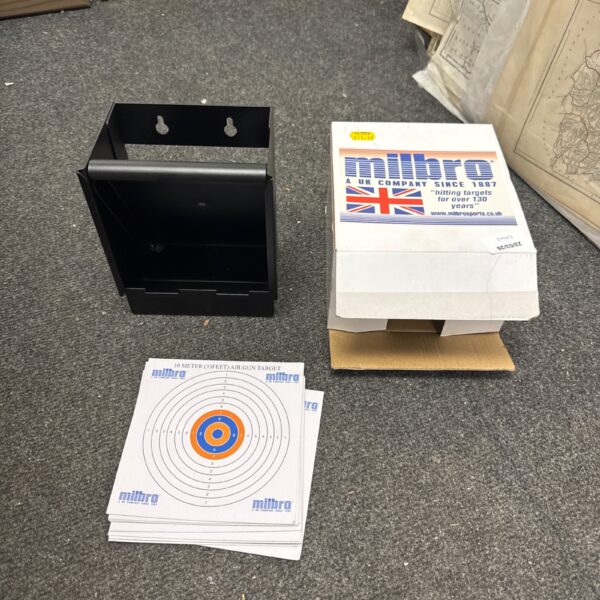 Vintage Milbro air gun target box for safe pellet capture.