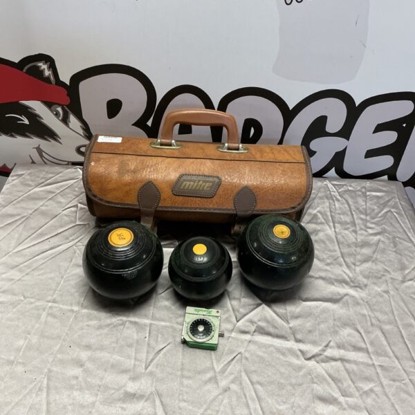 Vintage Mitre bowling bowls set with leather carrying case.