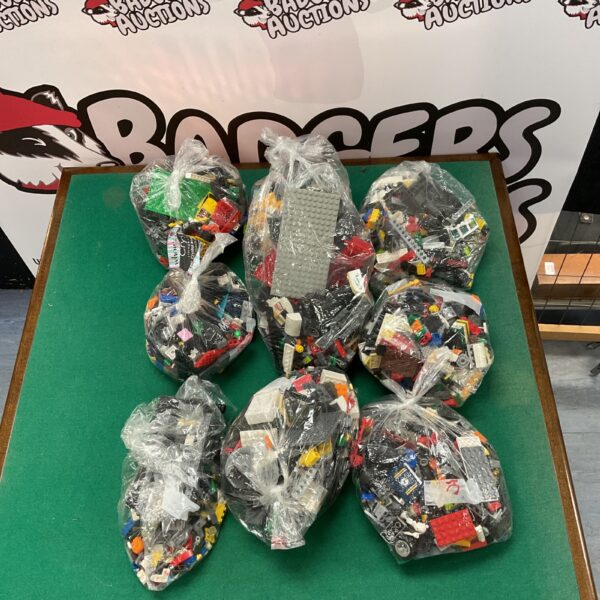 Nine bags of mixed Lego pieces and building blocks.