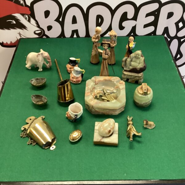Vintage mixed lot of collectibles including marble ashtray and figurines.