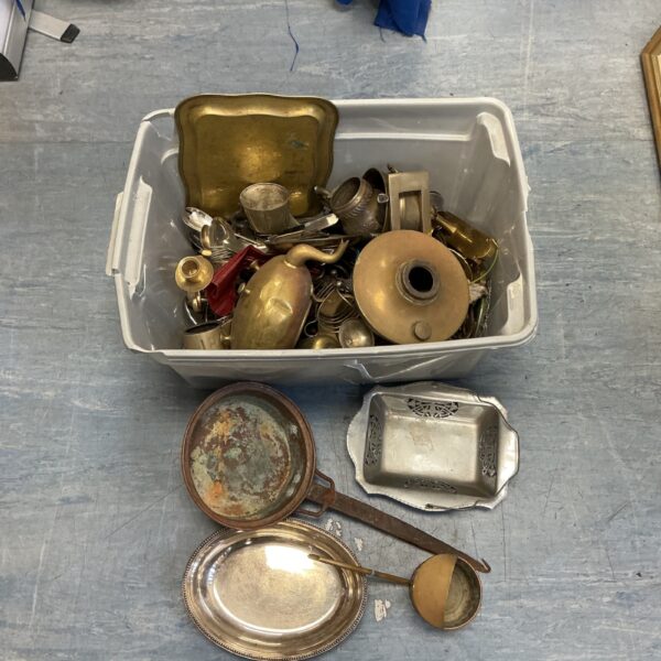 Mixed metal lot with copper, brass, and silver plate items.