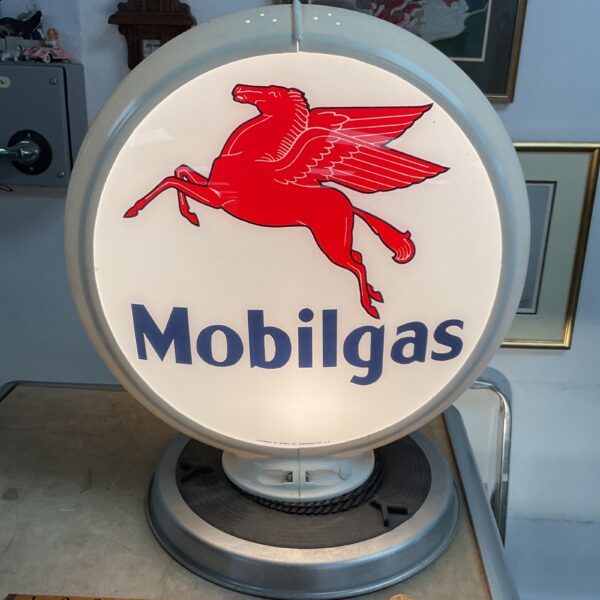 Vintage Mobilgas petrol globe with Pegasus logo, a classic collectible.
