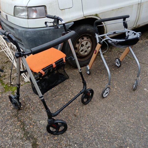 Adjustable height mobility walker with wire basket for added convenience.