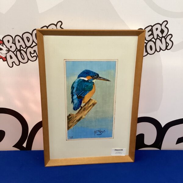 Signed Mortimer kingfisher oil painting on board, vintage wildlife art.