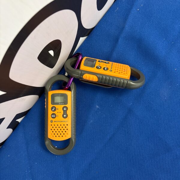 Pair of Motorola TLKR-T3 two way radios, handheld communication devices.
