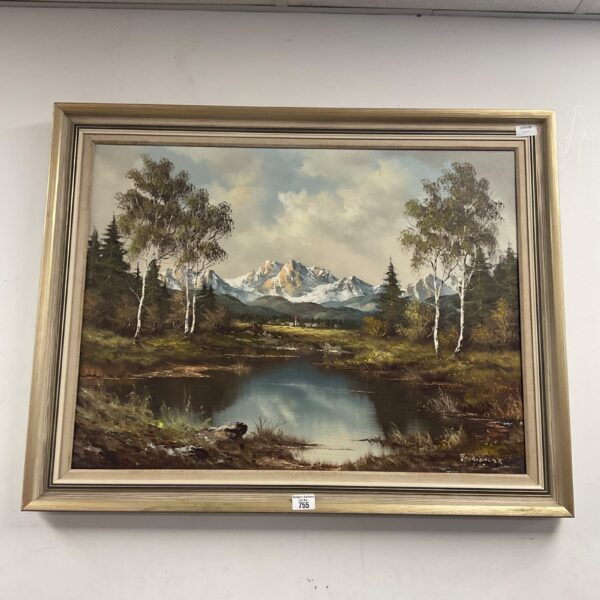 Signed oil painting of a serene mountain lake and village scene.