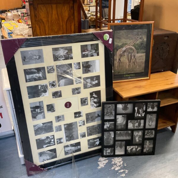 Multi photo frame set with giraffe print for wall decor.