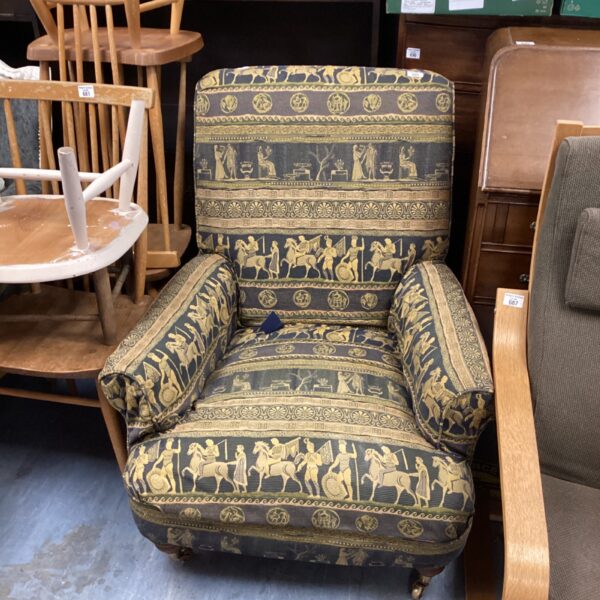 Patterned Multiyork armchair with classical design and intricate fabric.