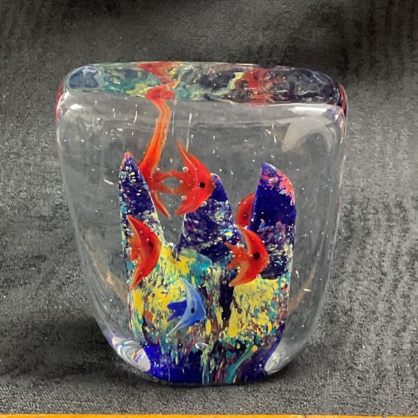 Vintage Murano glass sculpture with colorful fish.