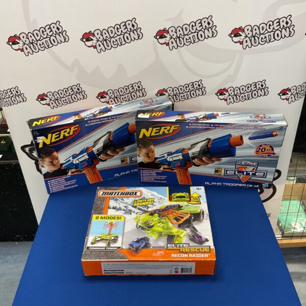 Nerf N-Strike Elite Alpha Trooper and Matchbox Recon Raider toy set.