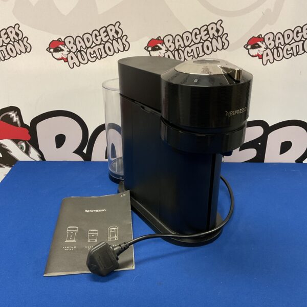 Front view of a sleek black Nespresso coffee machine.
