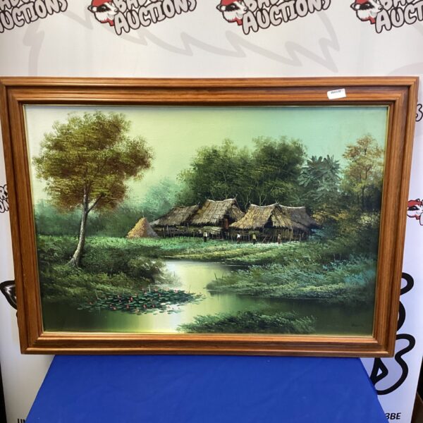 Signed oil painting of a vibrant fishing village by Varity.