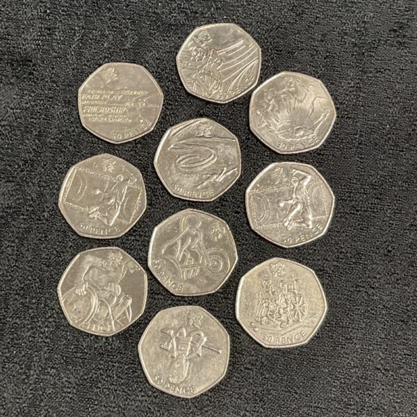 Set of ten London 2012 Olympic 50p coins depicting various sports.