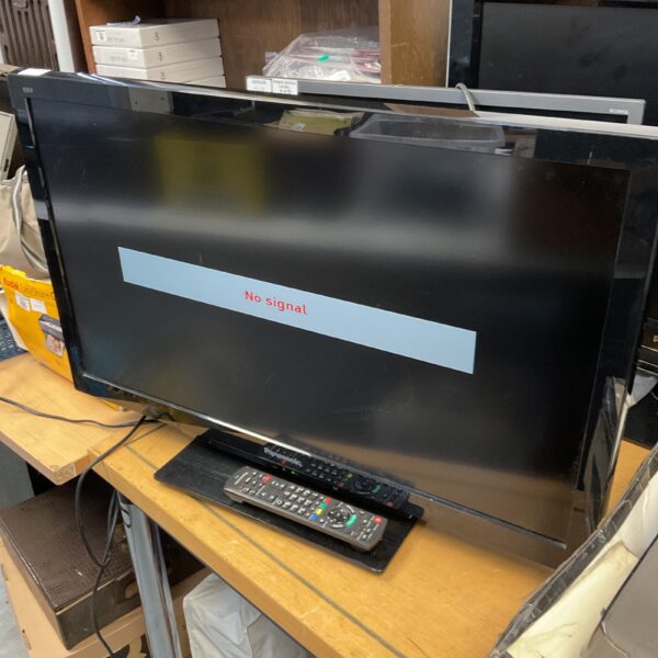 Front view of a Panasonic 32” HD television with remote.