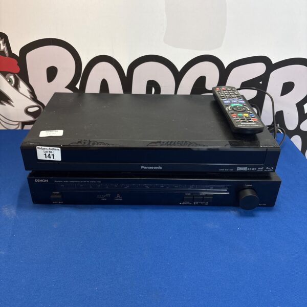 Vintage Panasonic Blu-ray player and Denon stereo tuner for audio enthusiasts.