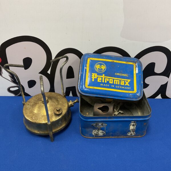 Vintage Petromax paraffin stove in original storage tin.