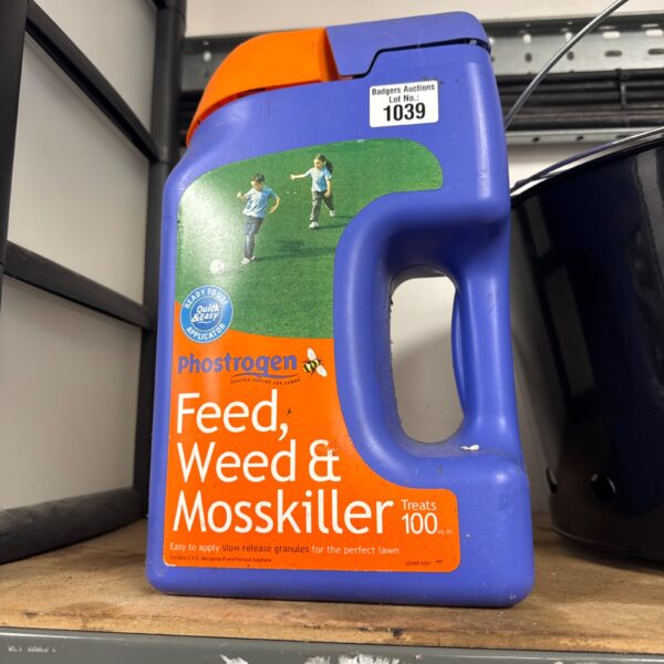 Full tub of Phostrogen Feed Weed & Mosskiller for lawn care.