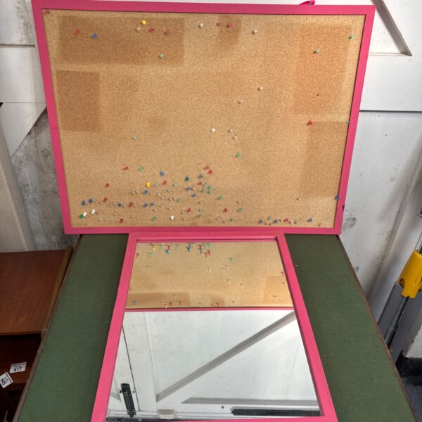 Pink framed cork notice board with mirror for home decor.
