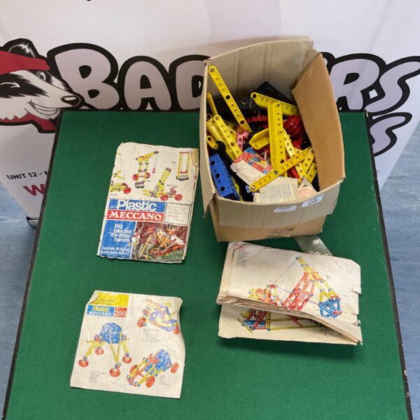Box of colourful plastic Meccano construction pieces.