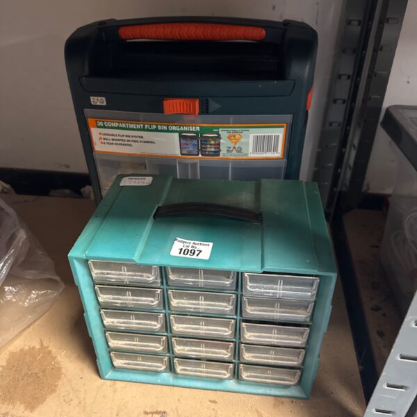 Two plastic storage organisers with multiple compartments for small parts.