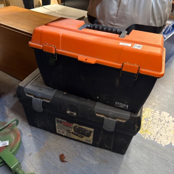 Pair of plastic toolboxes for tool storage and transport.
