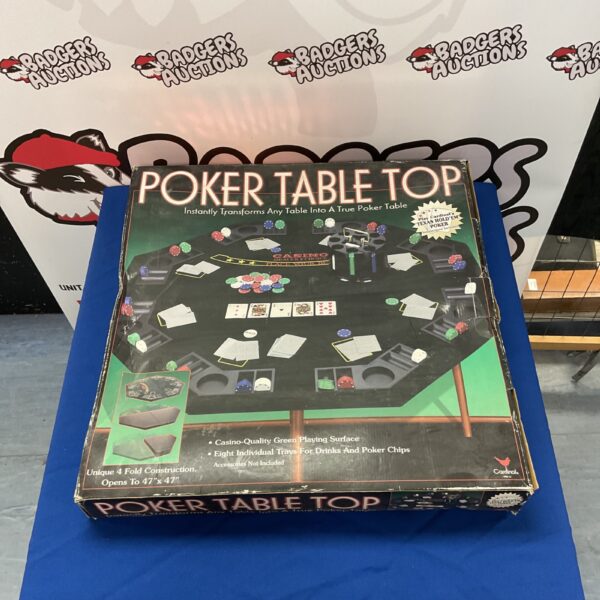 Green felt poker table top for casino card games.