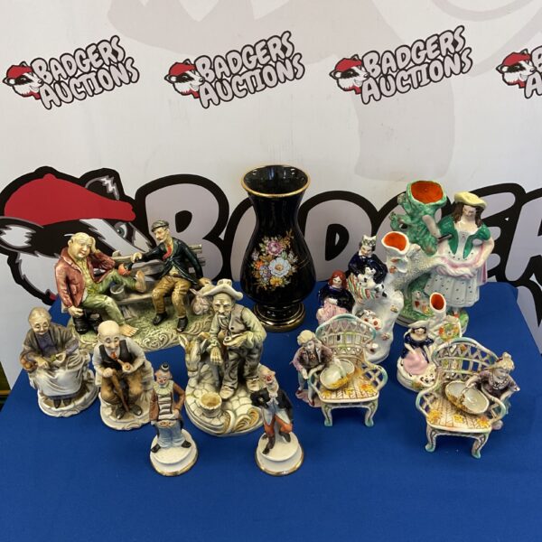Collection of vintage porcelain figurines including Capodimonte and Staffordshire styles.