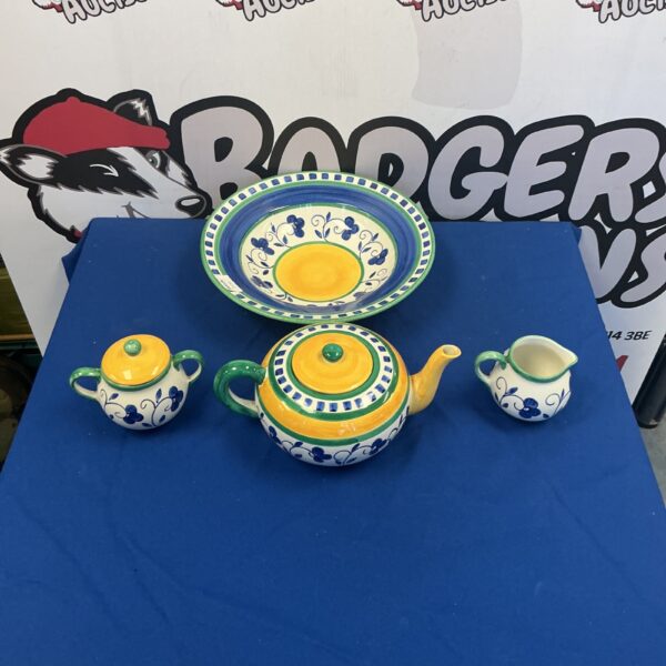 Vibrant Portuguese pottery glazed set with teapot and creamer.