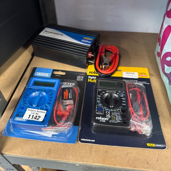 Power inverter and multimeter lot including Draper and Rolson tools.