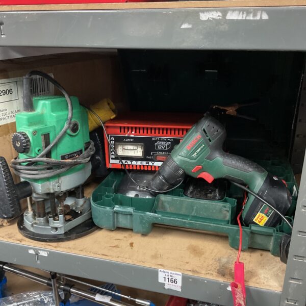 Power tool bundle featuring Hitachi router, Bosch drill and Absaar charger.