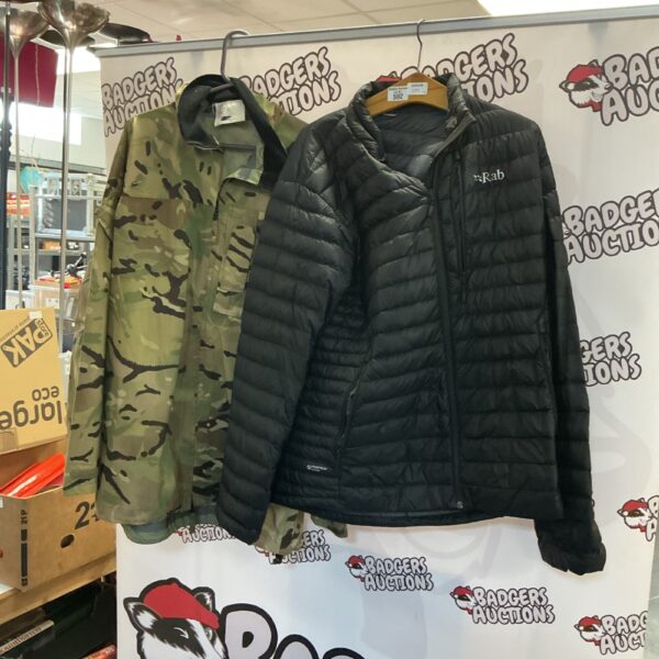 Two Rab jackets, one camouflage and one dark, for outdoor wear.