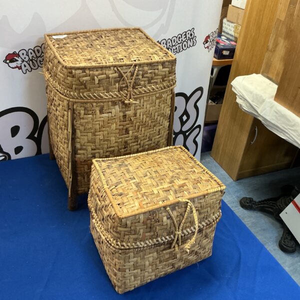 Pair of vintage raffia storage boxes with lids.