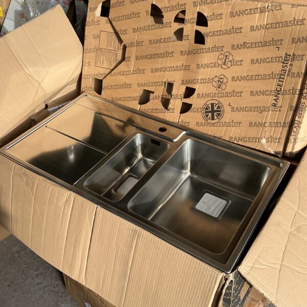 Rangemaster stainless steel sink unit for kitchen use.