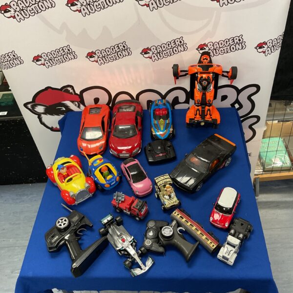 Overview of a lot of remote control cars, including Lamborghini and Audi models.